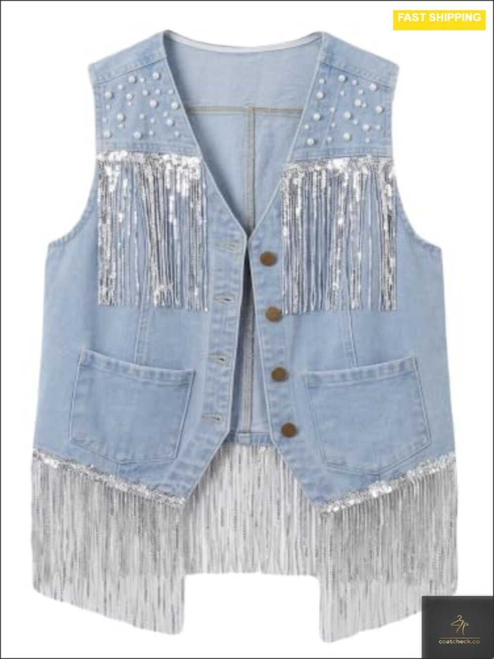 Cropped Fringe Denim Vest Top Women Western Cowgirl Pearl Button Jean Vest